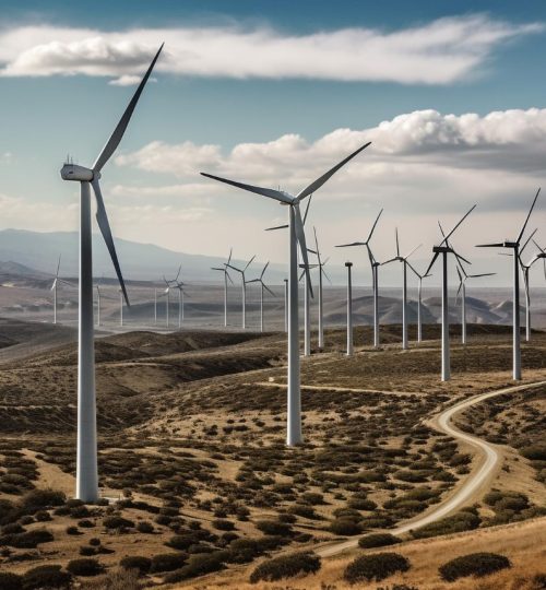 Въртящи се вятърни турбини - редове - произвеждат възобновяема енергия, генерирана от-ai